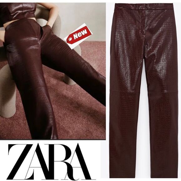Zara maroon burgundy croc embossed faux leather high waisted pants Sz XS NWT - Picture 12 of 12
